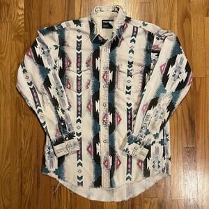 Wrangler Vintage Western Distressed White Pearl Snap Button Up Shirt Aztec Sz L